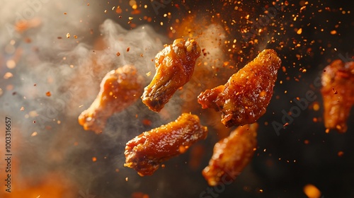 Close up of fried chicken wings flying in the air with hot chili spices and smoke.