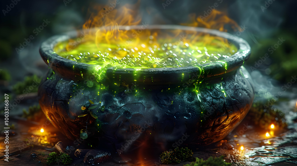 3D Illustration of a Witch's Cauldron with Green Potion Bubbling 3D Illustration of a Witch's Cauldron with Green Potion Bubbling
