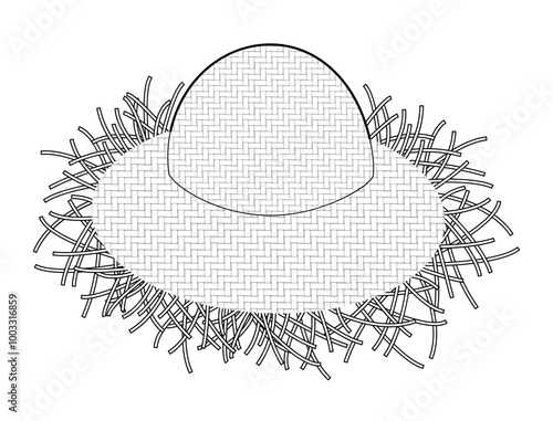 Crafted sunhat straw Hat. Summer Head Fashion accessory cap with wide brim clothing technical illustration. Vector headgear for Men, women, unisex, flat template CAD mockup sketch outline isolated