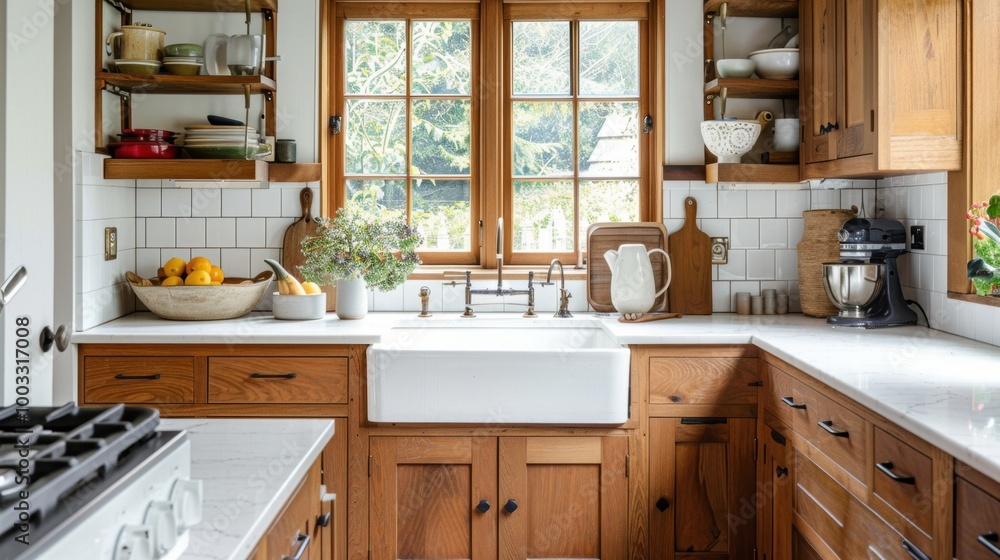 Fototapeta premium Cozy Modern Kitchen with Natural Light and Wood Accents