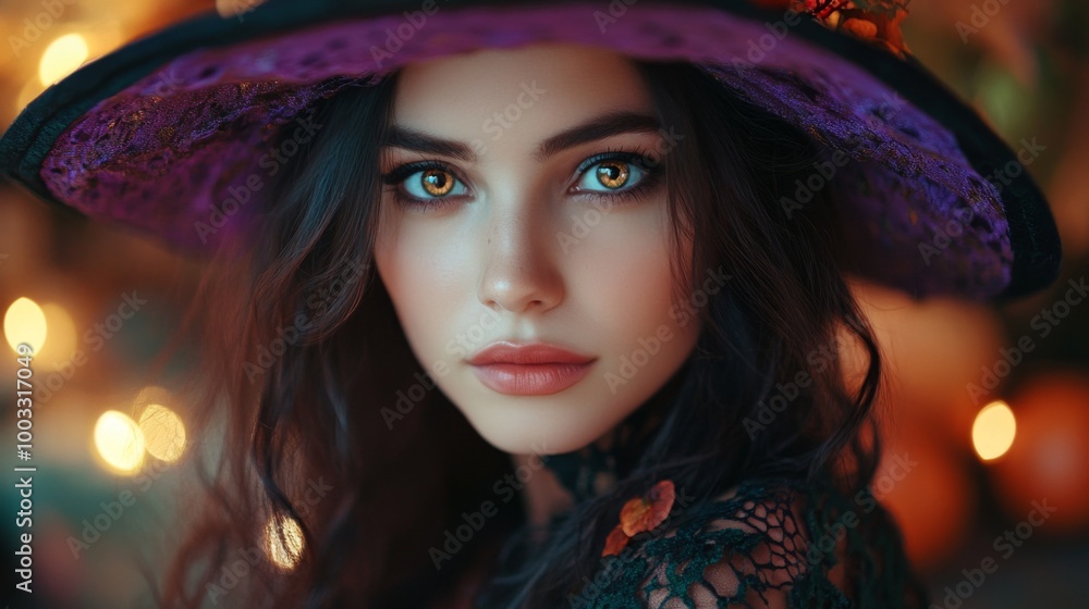 Enchanting Witch in Autumn Setting with Pumpkins and Magical Atmosphere Enchanting Witch in Autumn Setting with Pumpkins and Magical Atmosphere