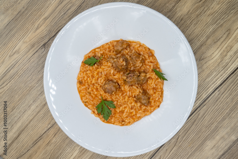 Overhead view of Italian risotto served with sausage and tomato sauce over a bed of rice Overhead view of Italian risotto served with sausage and tomato sauce over a bed of rice