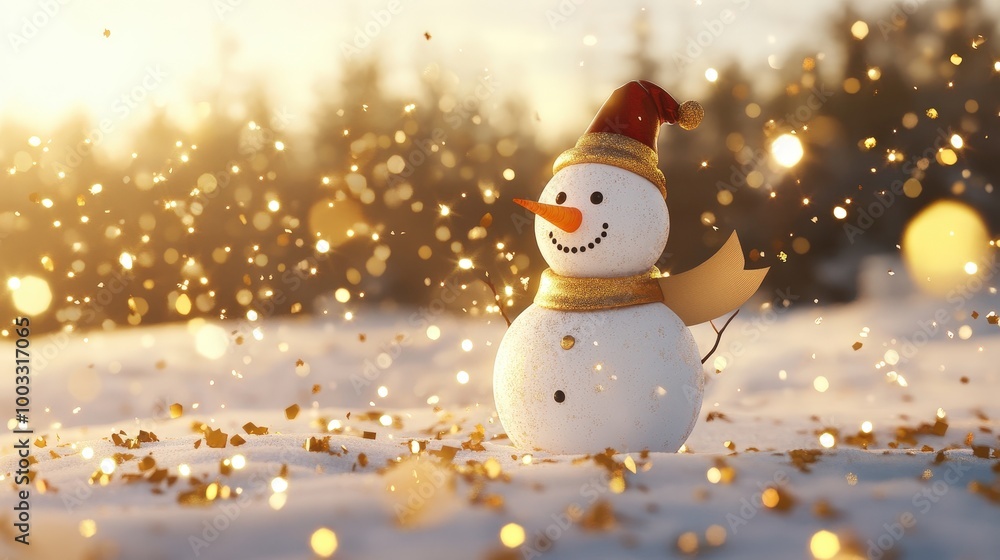 Festive 3D Snowman with Blank Banner in Golden Confetti Winter Scene for Christmas Greeting Card Template Festive 3D Snowman with Blank Banner in Golden Confetti Winter Scene for Christmas Greeting Card Template