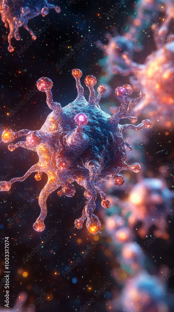 Close-up of a virus particle with glowing spikes. Close-up of a virus particle with glowing spikes.