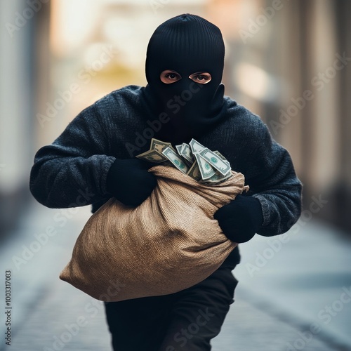 Masked thief running with a bag of cash.