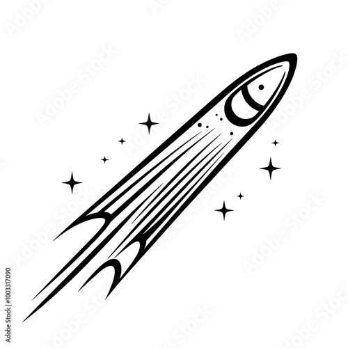 This vector icon depicts a sleek rocket with a tail, launching into space, illustrated in a minimalist line style with stars twinkling in the background