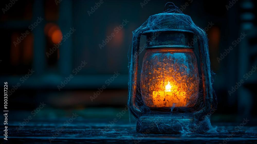 A Glowing Lantern Covered in Cobwebs on a Dark Night - Photo