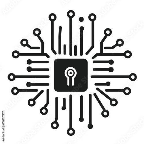 A simple line vector icon illustrates threat intelligence, featuring a central lock design surrounded by interconnected circuit paths for enhanced cyber security