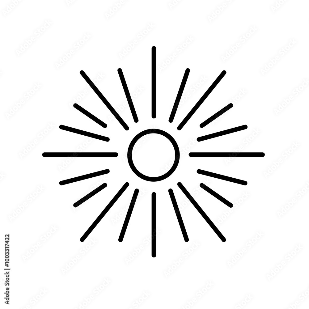 This graphic features a black line icon of the sun surrounded by rays, ideal for applications related to weather, energy, or summer themes This graphic features a black line icon of the sun surrounded by rays, ideal for applications related to weather, energy, or summer themes