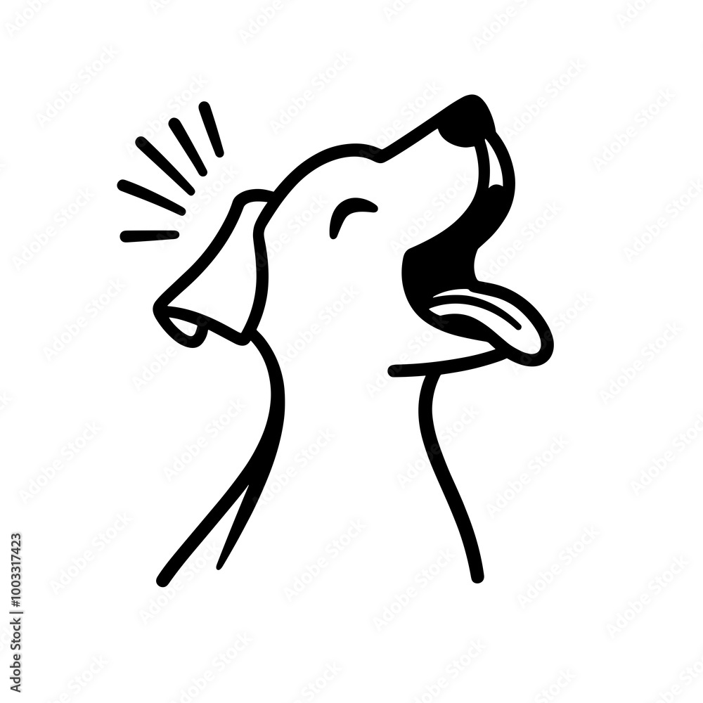 A minimalist black line icon features a barking dog with an expressive face. The design emphasizes simplicity and captures the dog's joyful nature A minimalist black line icon features a barking dog with an expressive face. The design emphasizes simplicity and captures the dog's joyful nature