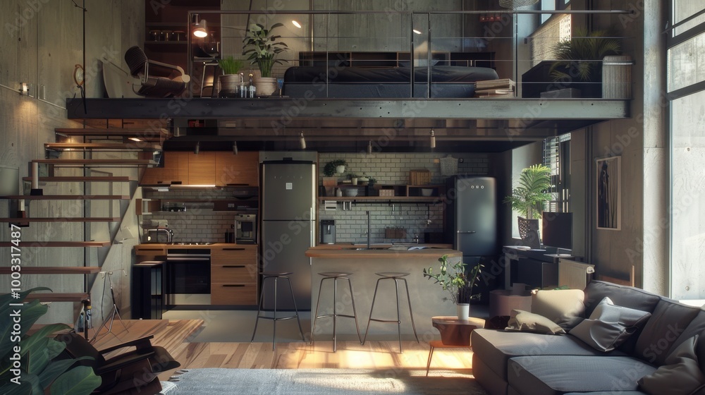 Modern Loft Interior with Cozy Living Area Modern Loft Interior with Cozy Living Area