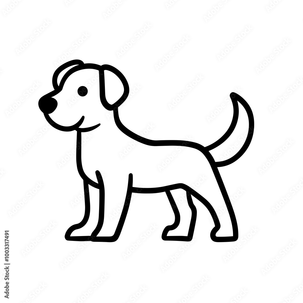 Fototapeta premium This vector illustration features a cheerful dog standing with its tail wagging, representing playful and lively characteristics in a clean line art style