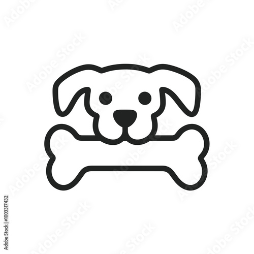 A minimalist vector icon features a dog joyfully holding a chewing bone, ideal for use in pet-related graphics, websites, and applications