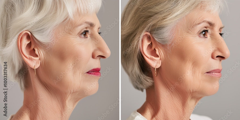 Senior woman face before, after biorevitalization procedure. Close-up shows skin rejuvenation, anti-aging effect. Collagen correction, wrinkle reduction, facial rejuvenation. Cosmetic treatment, skin