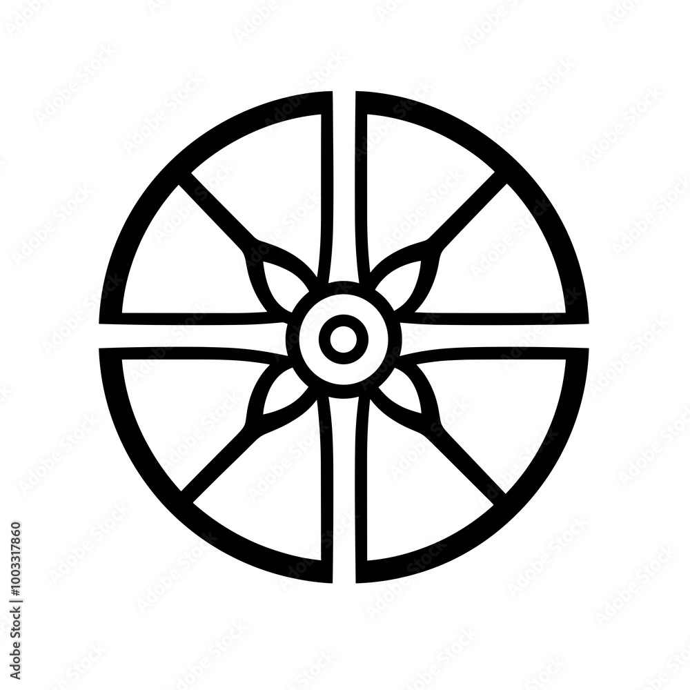 This icon showcases a striking black line representation of a circular wheel, featuring symmetrical segments and a central hub, perfect for minimalist designs This icon showcases a striking black line representation of a circular wheel, featuring symmetrical segments and a central hub, perfect for minimalist designs