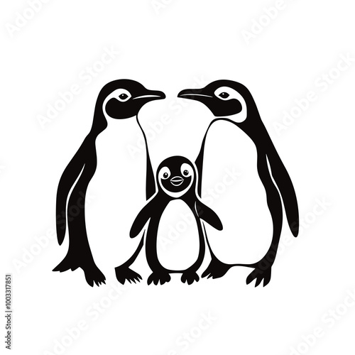 This illustration features a minimalist line drawing of a penguin family consisting of two adult penguins and one chick, symbolizing family bonding