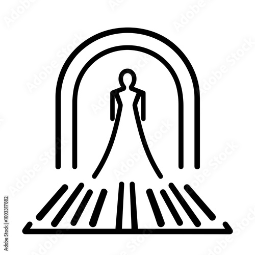 A minimalist icon depicting a model on a runway, highlighted by distinct lines and a stylish gown, conveying sophistication in the fashion industry