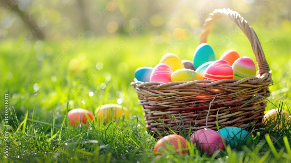 Colorful Easter Eggs in a Woven Basket on Grass Colorful Easter Eggs in a Woven Basket on Grass
