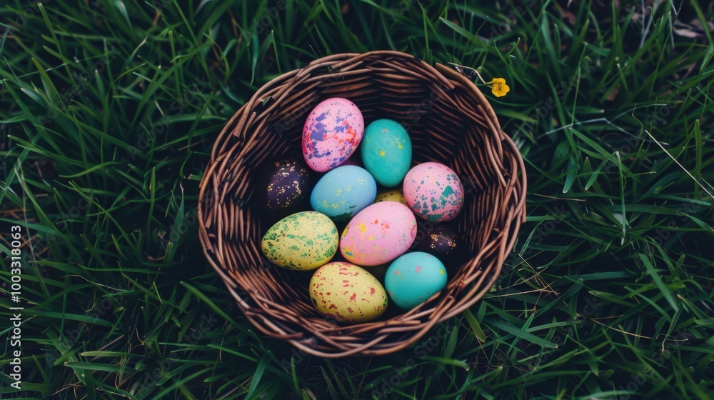 Colorful Easter Eggs in a Basket on Grass Colorful Easter Eggs in a Basket on Grass