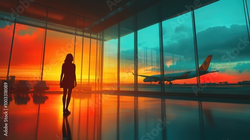 Morning Anticipation: Woman Silhouette at Airport Terminal Watching Plane Takeoff in 8K UHD Quality