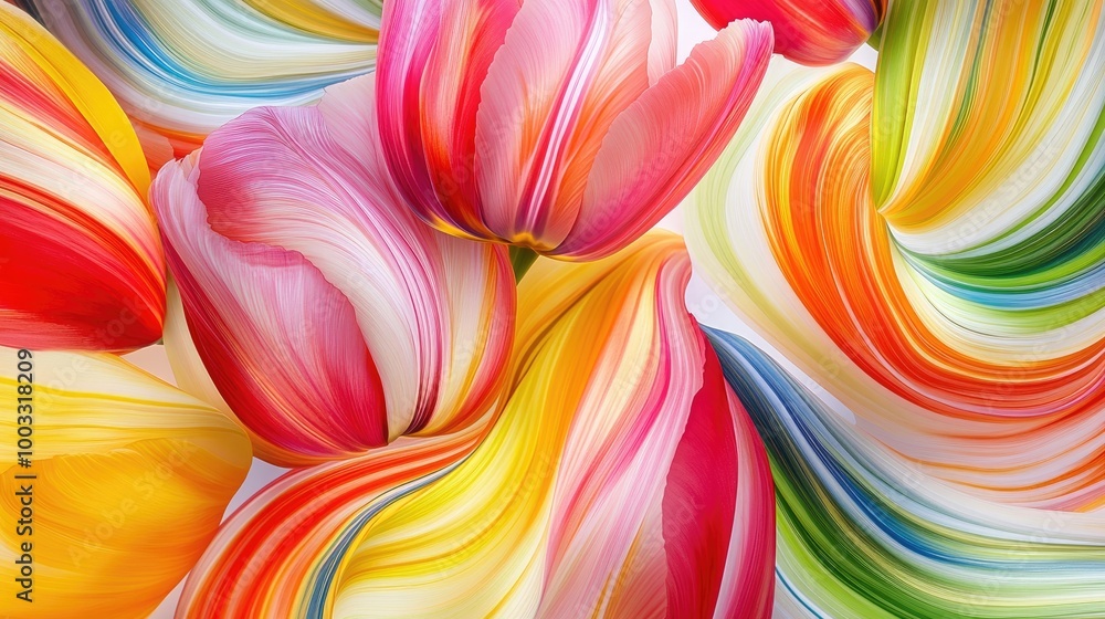 Fototapeta premium Bold and vibrant swirling tulip flowers with colorful stripes, forming a mesmerizing abstract pattern on a white backdrop during an artistic display