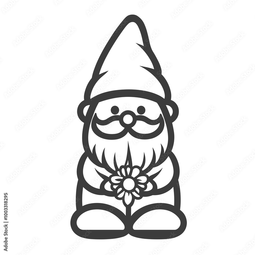 This vector icon illustrates a gnome with a pointed hat holding a flower, featuring a clean, simple line art style for versatile use This vector icon illustrates a gnome with a pointed hat holding a flower, featuring a clean, simple line art style for versatile use