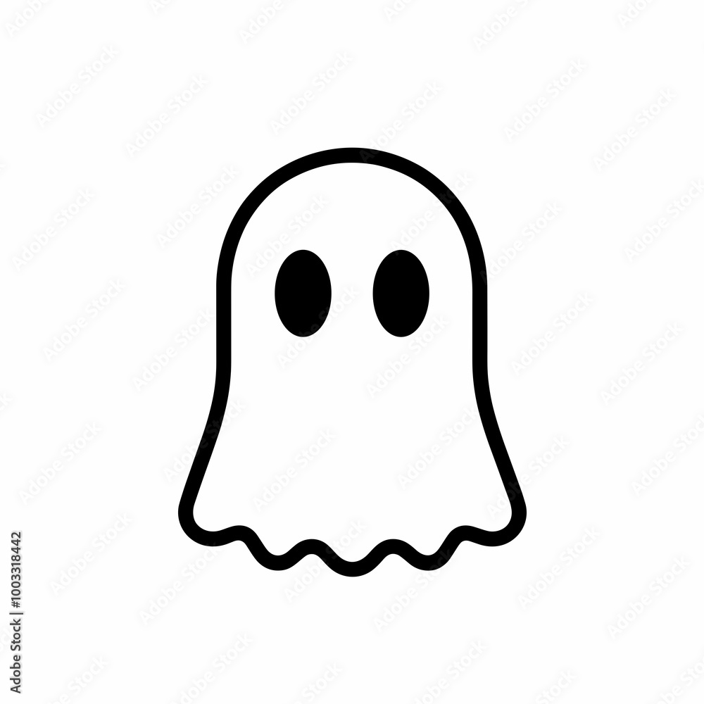 A black line illustration of a cartoonish ghost, featuring large eyes and a wavy bottom. This icon is perfect for Halloween-themed projects or spooky decorations A black line illustration of a cartoonish ghost, featuring large eyes and a wavy bottom. This icon is perfect for Halloween-themed projects or spooky decorations