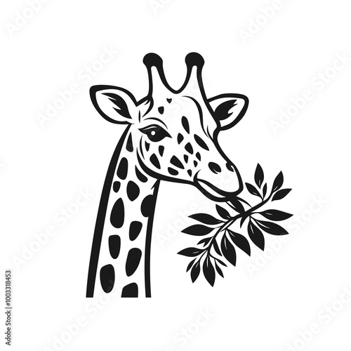 This vector icon depicts a giraffe with distinct markings chewing on leaves, highlighting its long neck and gentle demeanor in nature
