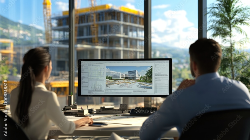 Generate a photo realistic image of architects and engineers conducting a design review session for a construction project, with design blueprints, design software interface, Generate a photo realistic image of architects and engineers conducting a design review session for a construction project, with design blueprints, design software interface,