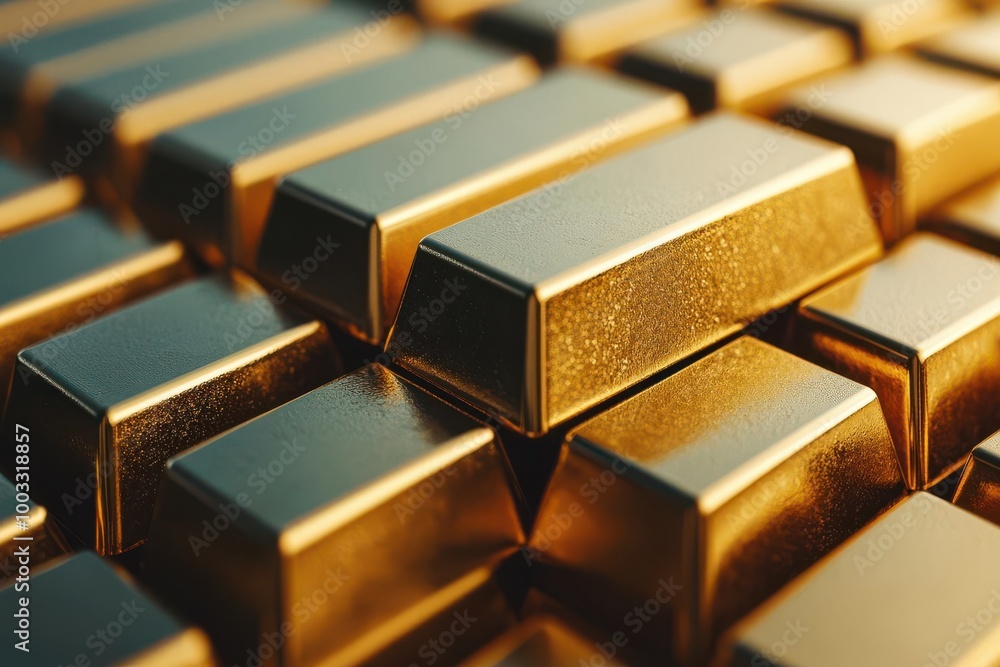 A close-up of gold bars stacked neatly, reflecting light in a luxurious display, gold bars, wealth and luxury A close-up of gold bars stacked neatly, reflecting light in a luxurious display, gold bars, wealth and luxury