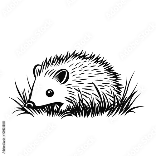 This design features a minimalist line art representation of a hedgehog nestled in grass, ideal for nature-related projects or educational materials