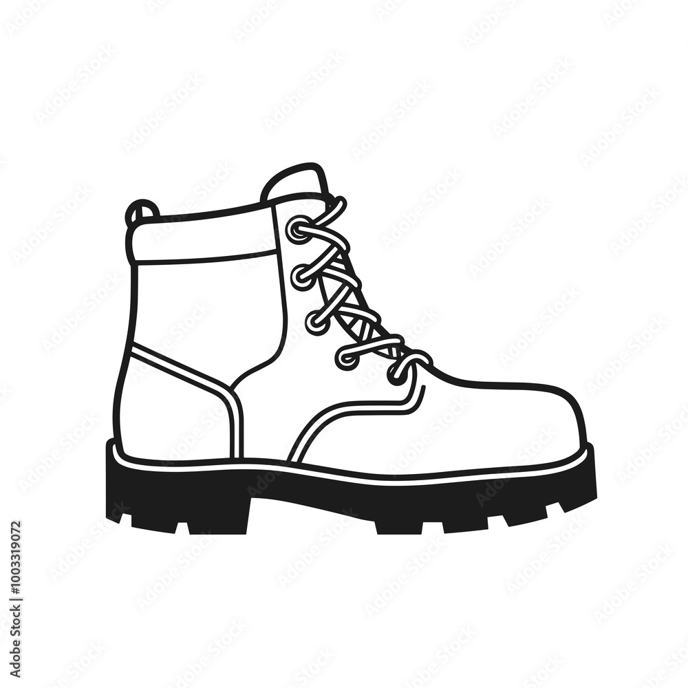This illustration features a black boot icon with a clean, simple line design, highlighting its rugged look ideal for outdoor adventures and daily wear This illustration features a black boot icon with a clean, simple line design, highlighting its rugged look ideal for outdoor adventures and daily wear