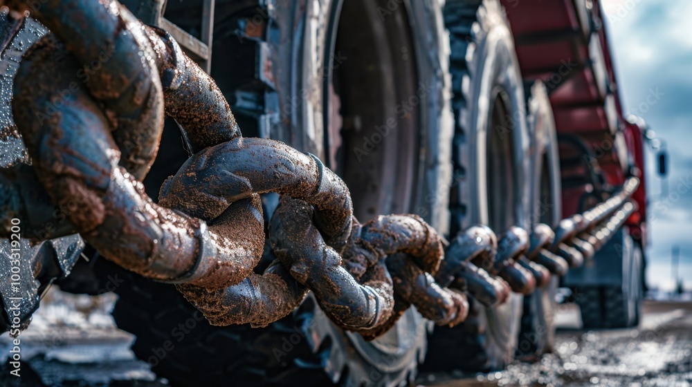 Naklejka premium Heavy Chains Linking Truck Wheels in Industrial Setting