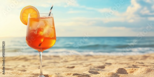 Fototapeta Naklejka Na Ścianę i Meble -  Aperol Spritz cocktail on sandy beach with sea view