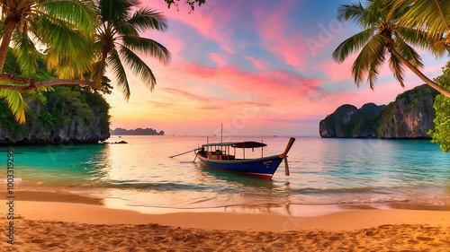 crystal-clear waters lap against golden sands, framed by lush green palm trees swaying gently in the breeze. A stunning sunset paints the sky in hues of pink and orange, casting a warm glow over the s photo