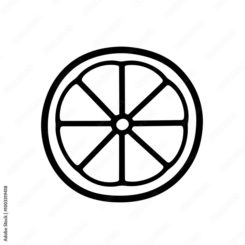This black line icon features a circular lemon slice divided into eight segments, conveying a fresh and zesty visual suitable for food-related designs This black line icon features a circular lemon slice divided into eight segments, conveying a fresh and zesty visual suitable for food-related designs