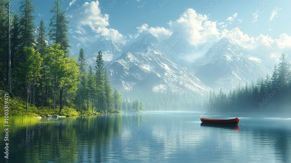 Serene Lake and Mountain Landscape with Canoe Serene Lake and Mountain Landscape with Canoe