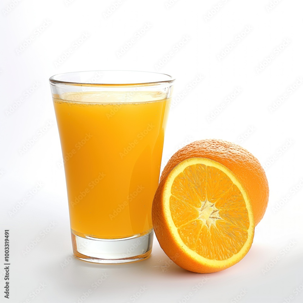 Freshly squeezed orange juice in a glass on a white background. Juicy orange liquid with a slice of orange. Appetizing, healthy, refreshing drink for breakfast or as a snack. Freshly squeezed orange juice in a glass on a white background. Juicy orange liquid with a slice of orange. Appetizing, healthy, refreshing drink for breakfast or as a snack.