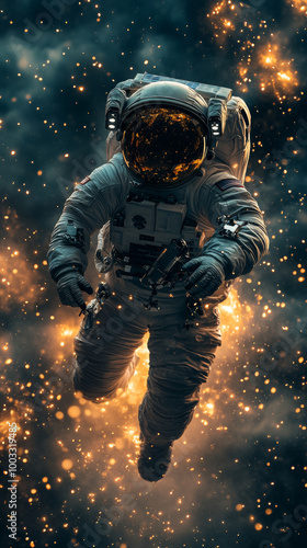 Astronaut floating in space, surrounded by glowing particles.