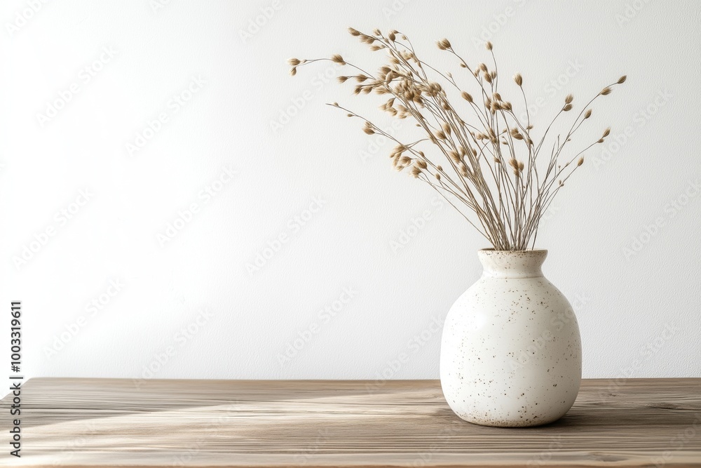 Minimalist ceramic vase with dried flowers on wooden table Minimalist ceramic vase with dried flowers on wooden table