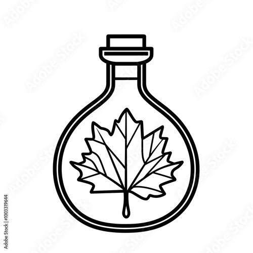 This vector illustration features a clean line art icon of a syrup bottle adorned with a maple leaf, ideal for food-related designs and branding