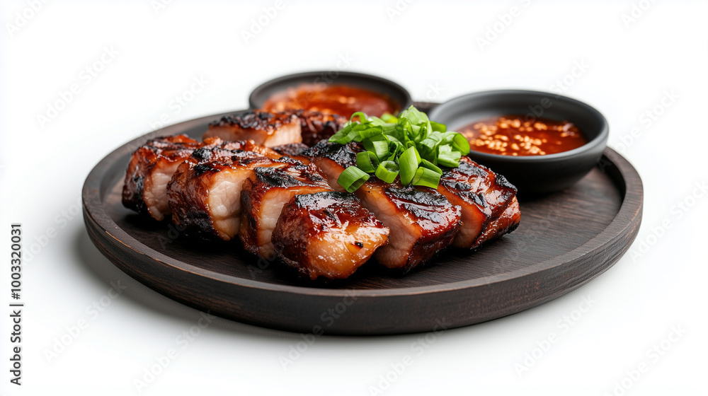 Delicious grilled chicken served on wooden platter, garnished with green onions and accompanied by two dipping sauces. Delicious grilled chicken served on wooden platter, garnished with green onions and accompanied by two dipping sauces.