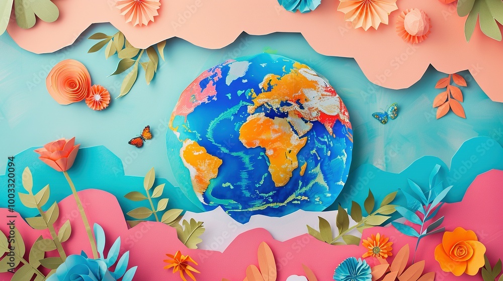 Fototapeta premium Papercraft Globe Surrounded by Colorful Flowers and Leaves