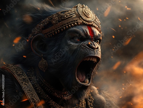 A depiction of Hanuman, the monkey like deity in Hinduism, known for his role in the Ramayana and as an avatar of Shiva, highlighting his significance in festivals like Hanuman Jayanti and Ram Navami. photo