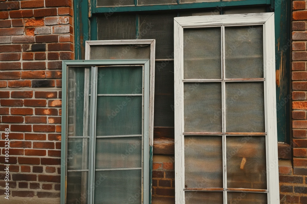 Set of removable window screens near brick wall background. Screens have mesh design for protection against insects. Various materials such as nylon, fiberglass, and metal used for different screens. Set of removable window screens near brick wall background. Screens have mesh design for protection against insects. Various materials such as nylon, fiberglass, and metal used for different screens.