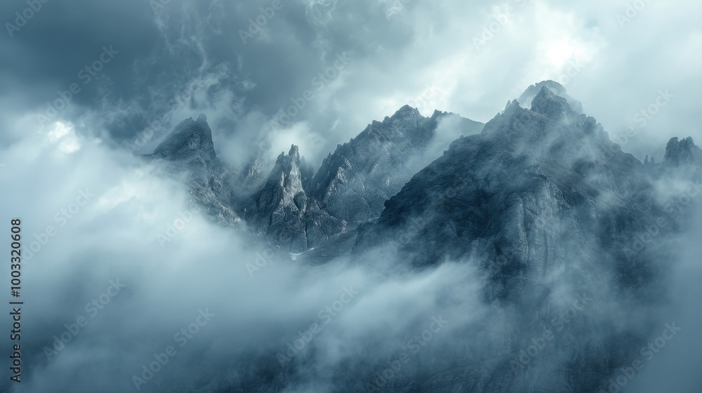 Mysterious Mountain Landscape with Clouds and Fog Mysterious Mountain Landscape with Clouds and Fog