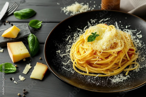 Dark wooden table with plate of tagliatelle pasta, topped with grated parmesan cheese, fresh basil leaves. Boiled pasta dish with delicious Italian food. Tasty meal on table with flat lay composition. photo