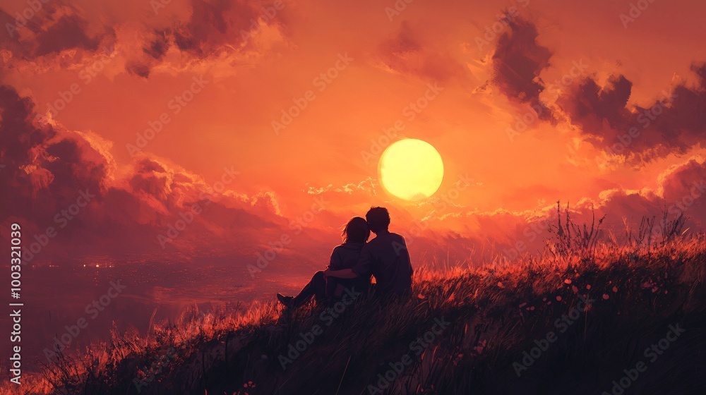 Fototapeta premium Romantic Moment of a Couple Cuddling at Sunset