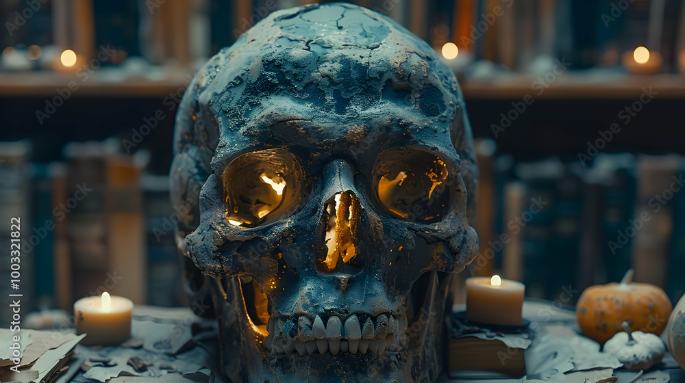 Glowing Skull with Candles and Books Realistic Image