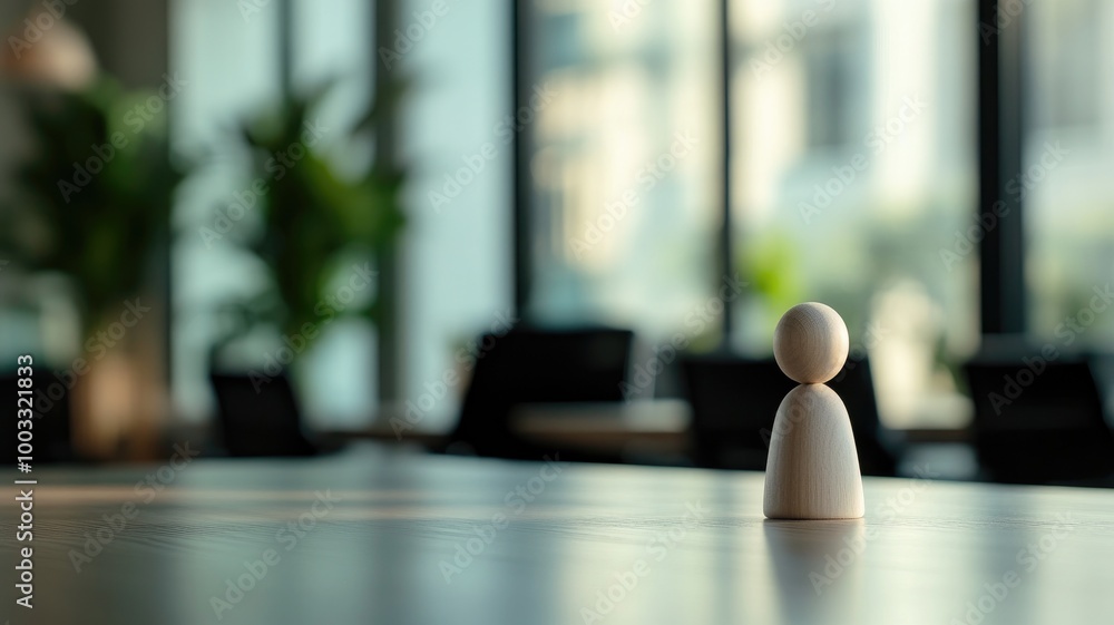 Minimalist wooden figure on table in modern office setting Minimalist wooden figure on table in modern office setting